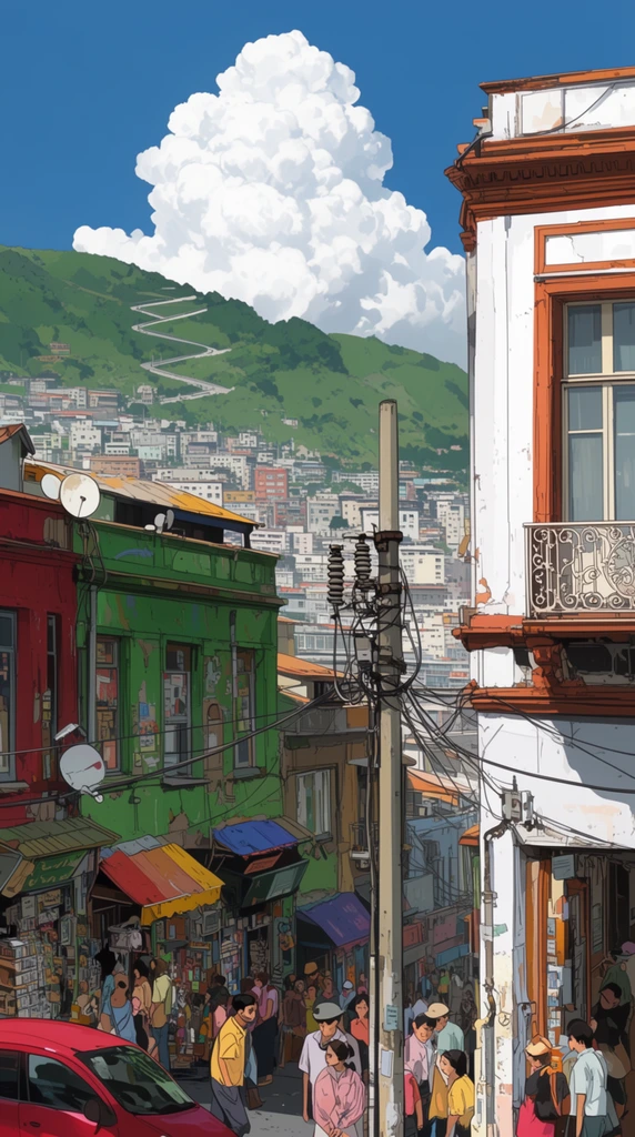 A steep city street bustling with pedestrians flows between vibrant storefronts under a towering cumulonimbus cloud. Weathered green and red buildings on the left feature colorful awnings, satellite dishes, and cluttered display windows. To the right stands a tall white building with rust-orange architectural trim and an ornate balcony. A central utility pole tangled with thick wires and electrical insulators anchors the foreground near a partially visible red car. Behind the dense neighborhood, a sprawling cityscape ascends a lush green mountain marked by a distinct zigzagging road. The clear blue sky is dominated by the massive, fluffy white cloud. The digital illustration features crisp ligne claire linework, flat vibrant colors, and sharp cel-shaded lighting, emphasizing the eclectic architectural clutter and lively urban atmosphere.