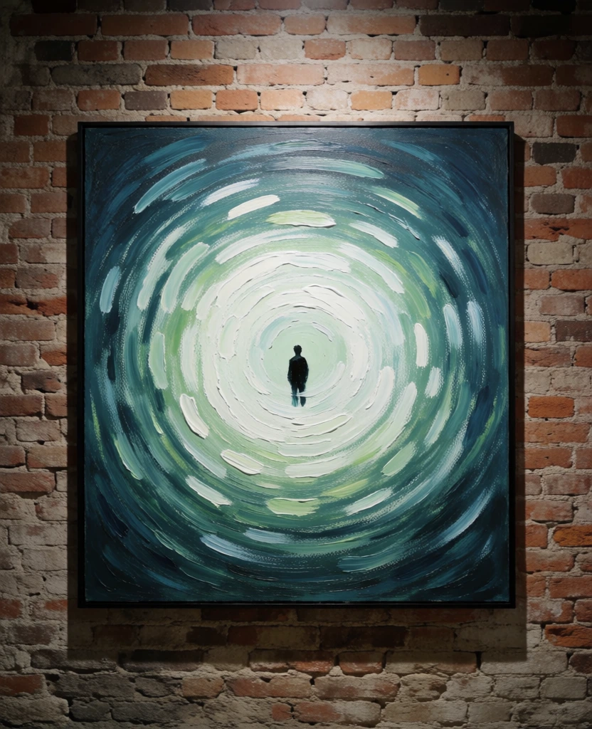 wide cinematic shot of a weathered brick wall with a vertical rectangular canvas, featuring a square shape rendered in dense swirling dash-like strokes resembling a vortex, a tiny solitary silhouette at the bright white center, gradient spiraling outward through pale green to deep teal, mimicking the van gogh inspired impasto texture and movement of the original, high contrast between the tactile masonry and the ethereal fluid artwork, professional gallery aesthetic