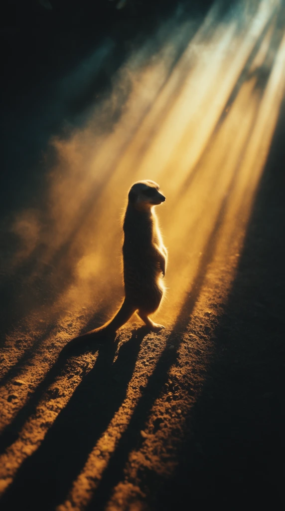 A single meerkat standing upright on dirt, facing right, dramatically backlit by intense, directional golden sunlight streaming diagonally from the upper right. The scene is defined by sharp, volumetric light rays cutting through a hazy, dusty atmosphere, enveloping the meerkat in a warm, amber glow while rendering its body as a dark, striking silhouette with luminous rim-lit edges. Long, stark, diagonal shadows cast by the animal stretch aggressively across the rugged, heavily textured dirt ground toward the bottom left corner. The high-contrast cinematic color palette pits vibrant, blazing golden-yellow highlights against deep, crushing black and cool cyan shadows. The atmospheric composition features heavy vignetting around the darkened edges, focusing purely on the highly tactile surface of the dirt and the profound interplay of bold, cinematic light shafts and deep, immersive darkness.