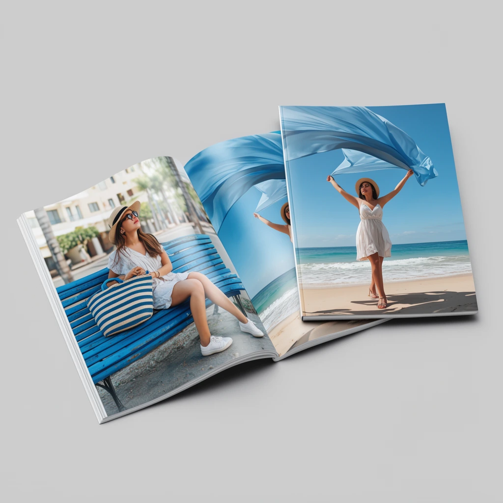 magazine mockup on grey background, open spread showing woman on blue bench with striped bag, closed cover with woman on beach holding flowing blue fabric
