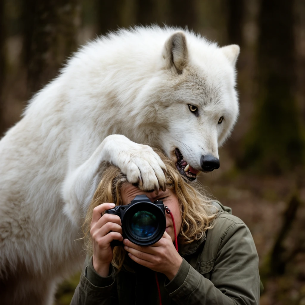 A massive white wolf stands directly behind a photographer, resting a heavy paw on the person's head in a woodland setting. The wolf features thick white fur and has its snout positioned intimately close to the photographer's ear with its jaw slightly open. Beneath the predator, the person is focused on holding a black camera to their eye, gripping a large reflective lens. The individual wears an olive-green jacket and has wavy blonde hair partially flattened by the animal's paw. A thin red strap hangs from the camera body. Captured with a shallow depth of field, the earthy brown and dark green background of tree trunks blurs out, emphasizing the surreal tension between the completely focused human and the towering wild animal.