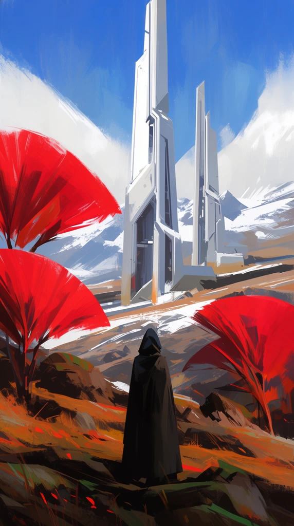 A cloaked figure faces distant, angular white sci-fi towers across a rugged landscape. Vibrant, fan-shaped red trees frame the foreground against snowy mountains and a blue sky in this painterly, expressive concept art.