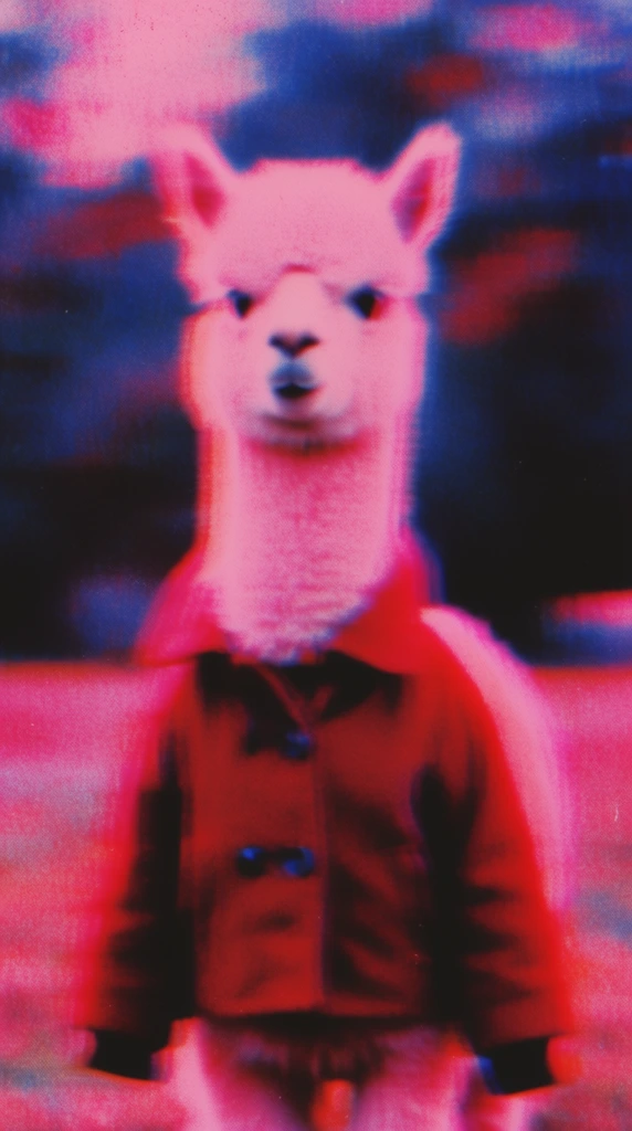 An alpaca wearing a pea coat, depicted through a heavily distorted, lo-fi aesthetic characterized by extreme horizontal motion blur and profound analog degradation. The composition is submerged in an aggressively saturated, cross-processed color palette dominated by hyper-vibrant magenta, hot pink, deep indigo, and dark crimson. The alpaca and its pea coat are rendered with completely softened details, appearing entirely out of focus with smeared boundaries bleeding into a heavily stylized, abstract background. The visual surface features an intense, coarse film grain combined with a distinct halftone print texture and analog artifacting. Blown-out neon pink highlights starkly contrast with crushed, inky blue shadows, culminating in a highly degraded, high-contrast visual style defined by immense chromatic aberration and heavy color separation.