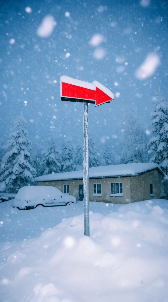 A heavy blizzard obscures a tall roadside signpost featuring a bright red, snow-capped arrow. Large, blurred snowflakes swirl in the foreground against a cool bluish twilight. Behind deep snowdrifts sits a single-story beige building and a completely snow-entombed vehicle nestled among frost-laden evergreen trees in a freezing, cinematic winter landscape.