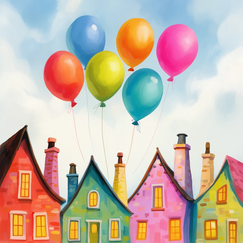 Six vibrant, multicolored balloons float in a soft blue sky with wispy white clouds, their thin strings trailing towards a row of brightly painted houses below. The whimsical, colorful homes feature steep pitched roofs, tall chimneys, and warm glowing yellow windows. The entire scene is rendered in a charming, painterly illustration style with visible soft brushstrokes and cheerful, saturated colors.