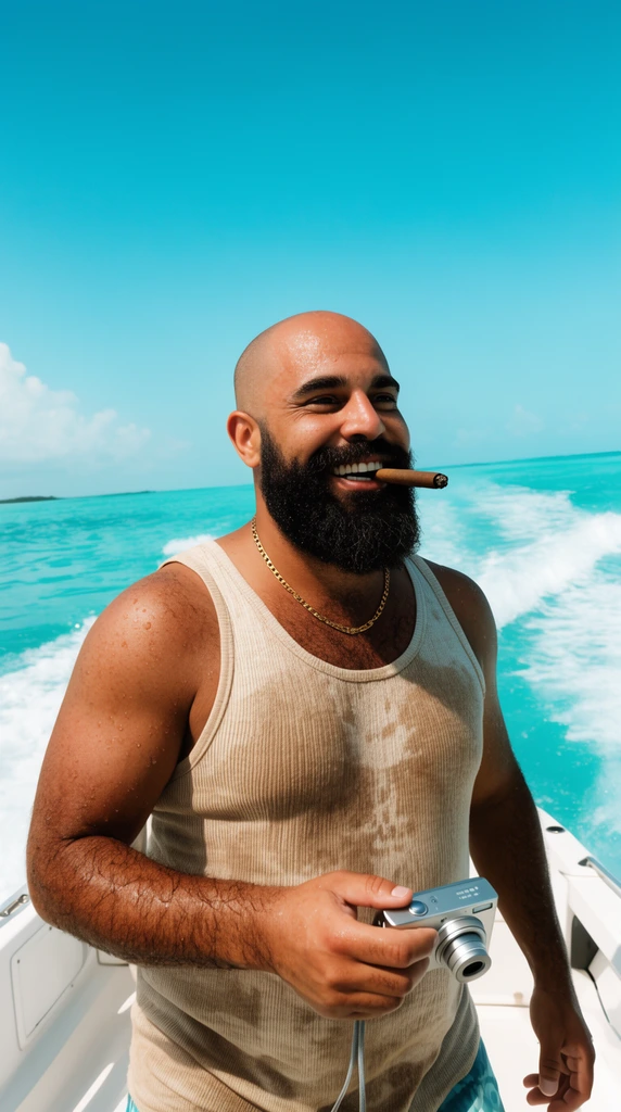 A smiling, bearded bald man with a cigarillo in his mouth navigates a boat across bright turquoise ocean waters under a clear sky. Wearing a damp beige ribbed tank top and a gold chain, he holds a small silver digital camera in one hand. The low-angle, sunlit lifestyle photograph features vivid cyan hues, high contrast, and a crisp white wake trailing behind the vessel.