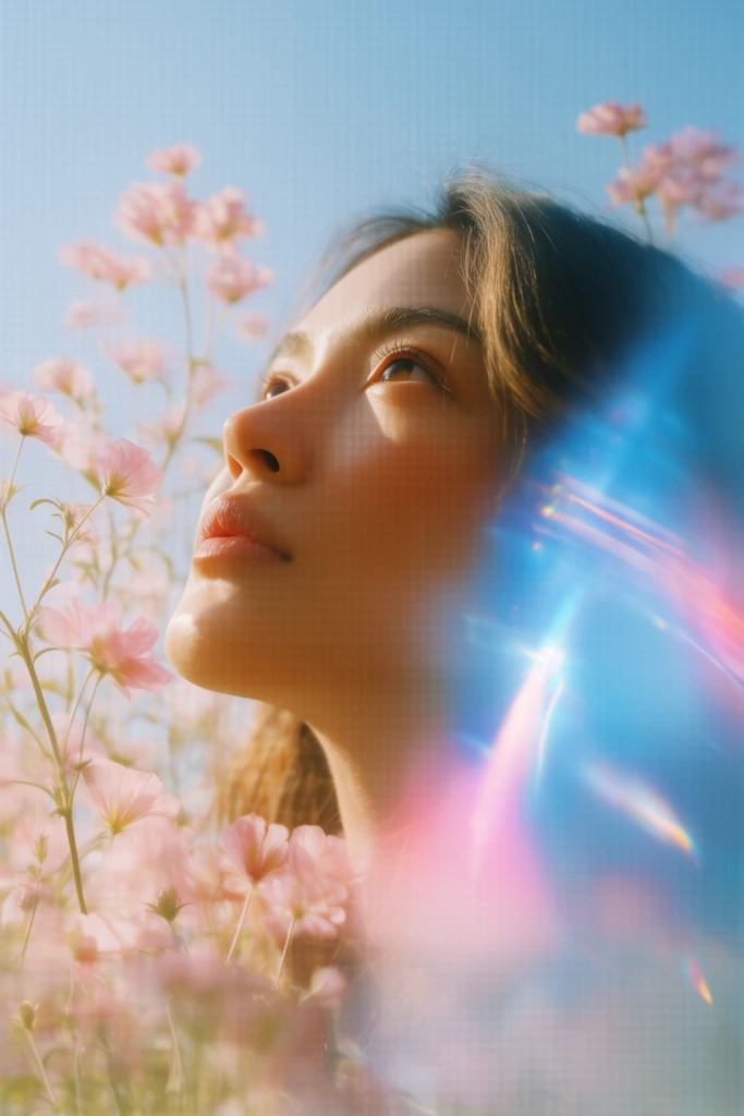 A close-up portrait of a young woman gazing upward, framed by delicate pink flowers against a clear light blue sky. Warm sunlight highlights her features, while a prominent prismatic lens flare casts vibrant blue and pink light streaks across the right foreground. A subtle grid texture overlays the dreamy, ethereal composition.