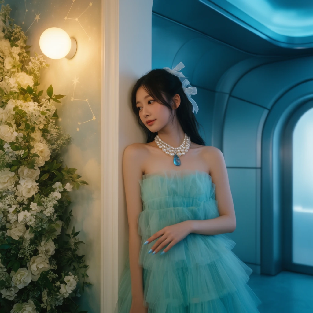 A young woman in a strapless, tiered aquamarine tulle dress leans gracefully against a white architectural pillar that divides a dual-toned room. She has long dark hair styled half-up with sheer white ribbon bows, a serene expression, and wears a chunky multi-strand pearl necklace featuring a large blue teardrop pendant. Her right hand rests near her waist, showing pale blue manicured nails. The left side of the frame is bathed in warm, soft yellow light from a glowing spherical wall sconce, illuminating a dense vertical arrangement of white flowers and green foliage against a wall subtly painted with star constellations. The right side is enveloped in a cool, moody cyan-blue light, revealing smooth, futuristic curved paneling and an arched doorway. The cinematic medium shot employs soft focus and striking split-tone lighting to create a dreamy, ethereal atmosphere.