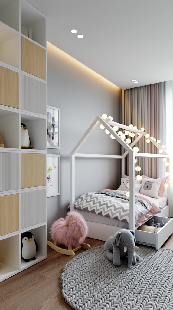 A brightly lit, modern children's bedroom features a playful house-shaped bed and a tall geometric storage unit. The white wooden bed frame, constructed like a minimalist house silhouette, is draped with a string of glowing round bulbs. It is styled with a grey and pastel pink zigzag duvet and pillows decorated with simple animal faces. An open drawer beneath the bed rests near a plush grey elephant sitting on a chunky grey knit rug. To the left, a floor-to-ceiling white and light wood shelving unit contains alternating open cubbies and textured closed doors, displaying small toys including a penguin plushie. A fuzzy pink rocking animal sits on the wooden floor below two framed illustrations hanging on the smooth light grey wall. Soft natural light filters through layered curtains on the right, complemented by recessed ceiling lights and a warm glowing accent strip along the top of the wall. The high-end interior architectural render uses a wide-angle perspective to emphasize clean lines, cozy textures, and a soft neutral color palette.