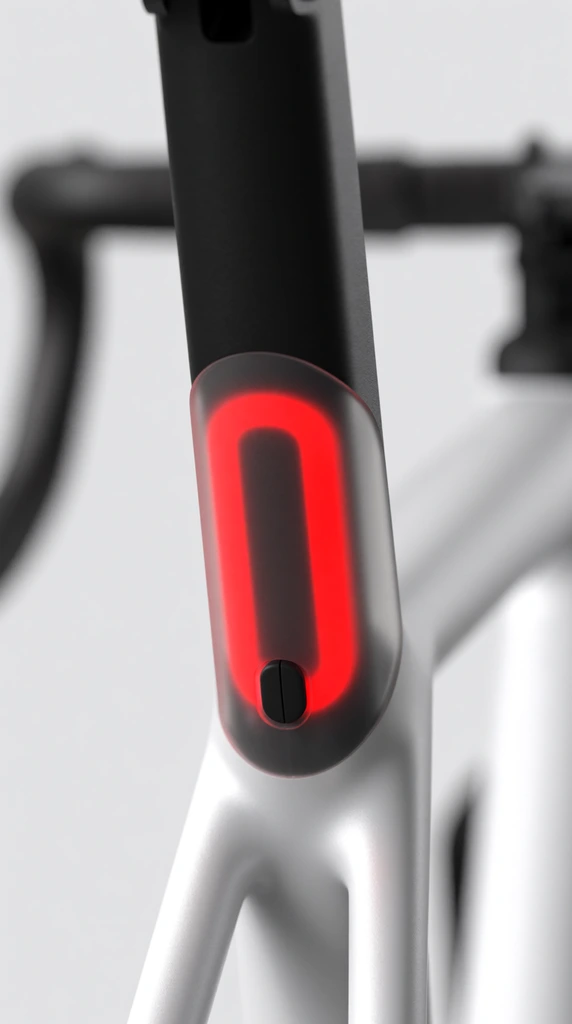 Macro photograph of a modern bicycle frame highlighting an integrated glowing red LED taillight. A vibrant D-shaped red light band rests inside a translucent casing, seamlessly connecting a matte black seat post to a sleek white frame. A small black rubber button sits just below the illumination. Soft studio lighting and shallow depth of field blur the light gray background and faint dark handlebars, emphasizing clean lines and minimalist industrial design.