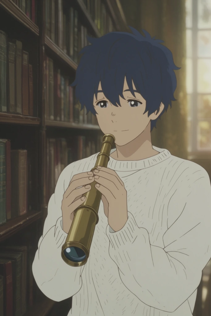 A teenage boy with messy navy-blue hair stands in a sun-dappled library, gently holding a vintage brass telescope. He wears a chunky white knit sweater, grasping the metallic instrument with both hands close to his chest while displaying a soft, contemplative expression. Behind him, a towering wooden bookshelf dominates the left side of the frame, its dark shelves lined with thick volumes. To the right, warm, hazy light filters through an out-of-focus window, casting a gentle glow. Rendered in a nostalgic 2D anime style, the scene utilizes a muted color palette, soft-focus cinematography, and delicate linework to evoke a tranquil, wistful atmosphere.