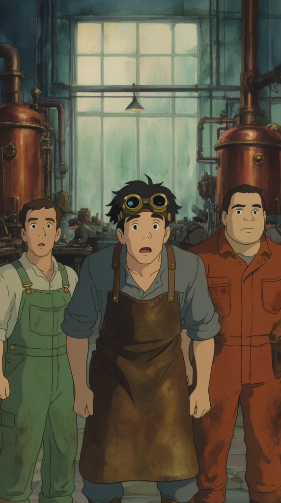 Three adult male mechanics stand shoulder-to-shoulder in a steampunk workshop, staring off-screen in synchronized astonishment. The man on the left wears faded green overalls over a light shirt. Centered, a taller mechanic in a heavy leather apron leans forward with wide eyes and a slightly open mouth, brass welding goggles resting in his messy dark hair. On the right, a burly worker in a rusty-orange jumpsuit stands rigidly with a blank expression. A large frosted window behind them lets in diffuse, pale light, illuminating large copper boilers, intersecting pipes, and shadowy figures of other workers hunched over distant workbenches. The visual medium utilizes a nostalgic traditional 2D animation aesthetic with flat character coloring and delicate, precise linework, set against a softly painted watercolor-textured background in a muted palette of industrial blues, seafoam greens, and rust oranges.