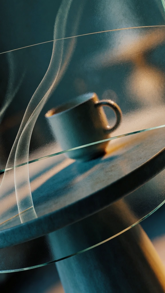 low-angle perspective from beneath a stippled frosted glass surface, a single minimalist ceramic mug centered on sweeping curved architectural lines, ethereal wavy lines of heat rising in a dreamlike blur, deep teal and muted blue color palette with warm amber highlights, fine dot-pattern grain, layered glass reflections, sharp horizontal structural edges, moody cinematic lighting with soft bokeh, abstract and sophisticated composition, ethereal atmosphere.