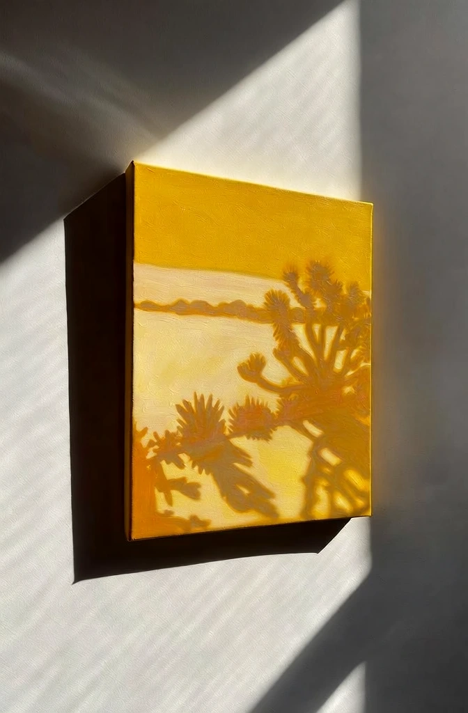 vertical canvas hanging on a textured off-white wall, monochromatic yellow painting depicting a coastal landscape with desert flora rendered in light and shadow, warm ochre and golden hues, impressionistic brushwork, harsh direct sunlight from the upper left casting a sharp geometric shadow of the frame, a diagonal beam of bright light cutting across the wall surface, minimalist contemporary aesthetic, high contrast between the yellow canvas and neutral wall shadows, refined shadow play