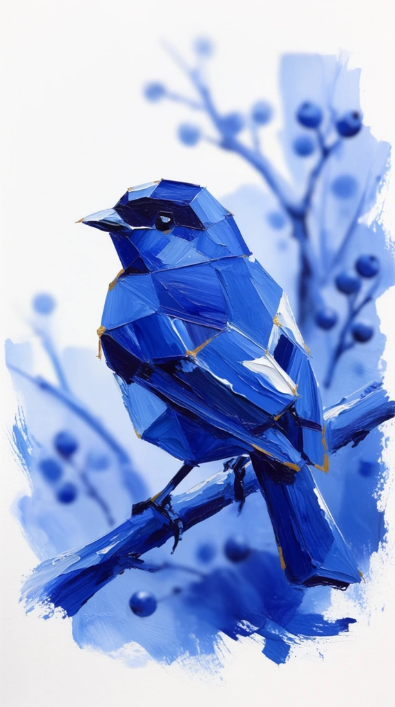 A single faceted geometric bird perches on a diagonal branch in the foreground, rendered in a highly textural, monochromatic blue impasto painting style against a stark, flat white background. The bird's sharply angled, polygonal surfaces are constructed from thick, sculptural brushstrokes of rich cobalt, ultramarine, and deep navy blue paint. Heavy ridges of wet-on-wet acrylic blending and stark white painted highlights define the geometric forms, accented by sparse, delicate touches of gold ochre at the structural vertices. The diagonal branch shares this expressive painterly treatment with sweeping, dark blue brushmarks. Behind the main subject, blurred branches with small, round berries recede into the pure white negative space, executed with soft, diluted washes of light powder blue to simulate a shallow depth of field. The entire composition forms an isolated, central vignette, with the outermost edges of the painted environment tapering off into the unpainted white canvas via rough, unfinished brush marks and loose, dynamic daubs of blue pigment.