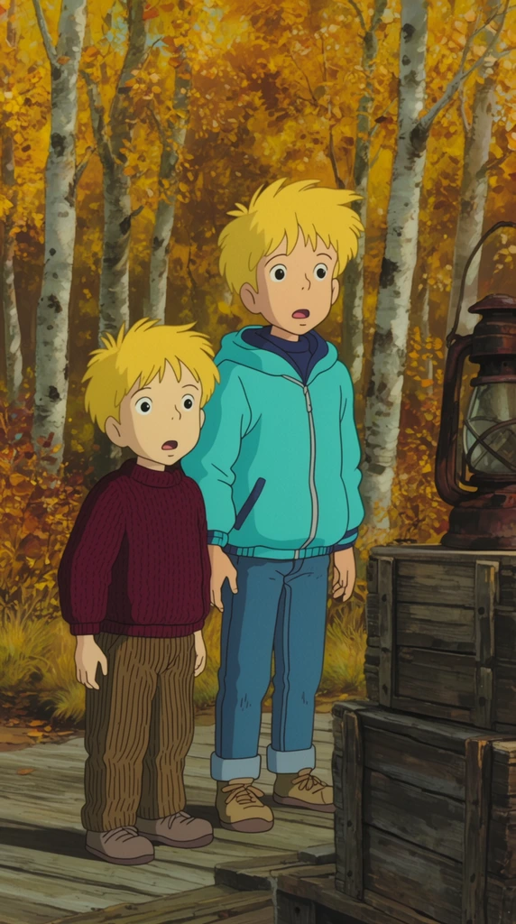 two young boys standing on a wooden boardwalk, older boy wearing a cyan windbreaker and blue jeans, younger boy wearing a maroon knit sweater and corduroy pants, both with messy blonde hair and wide-eyed astonished expressions, looking off-camera in amazement, surrounded by a dense autumnal birch forest with golden leaves, a stack of weathered wooden crates and a rusted lantern in the right foreground, traditional 2D animation style, hand-drawn cel animation aesthetic, soft natural lighting, warm autumn color palette, rich environmental details