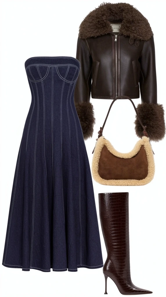fashion outfit collage on solid white background, strapless dark indigo denim midi dress with white vertical topstitching and corset bust, cropped dark brown leather jacket with thick shearling collar and fluffy cuffs, single dark brown crocodile-embossed knee-high stiletto boot with pointed toe, brown suede shoulder bag with beige shearling trim, sharp studio lighting, isolated clothing items