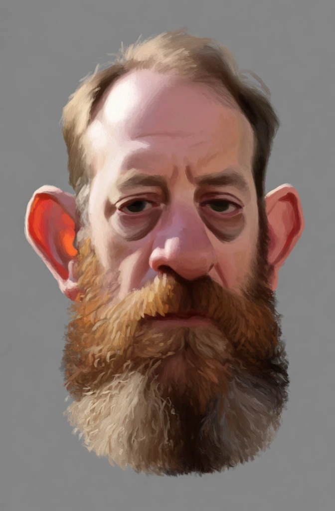 A stylized digital painting depicts the floating head of a weary man with a prominent nose, large ears, and a full brown beard against a neutral gray background. The man has short, sandy-brown hair that is thinning at the temples and textured with visible brushstrokes. His skin is pale with ruddy, reddish tones concentrated on his large, protruding ears, his bulbous nose, and his cheeks. Deep-set, heavy-lidded eyes with dark pupils look forward with a tired, somber expression beneath a furrowed brow. A thick, bushy beard of the same sandy-brown color covers his lower face and chin, meeting a thin mustache above a straight-set, thin mouth. The lighting originates from the upper left, casting soft shadows and creating highlights on the forehead, the bridge of the nose, and the edges of the ears, giving the skin a slightly waxy or oily appearance. The painting style uses bold, textured brushstrokes to define the hair and facial contours, emphasizing the character's exaggerated anatomical features. The composition is a direct, eye-level headshot centered in the frame, isolated from any body or environment by the solid, matte gray backdrop.