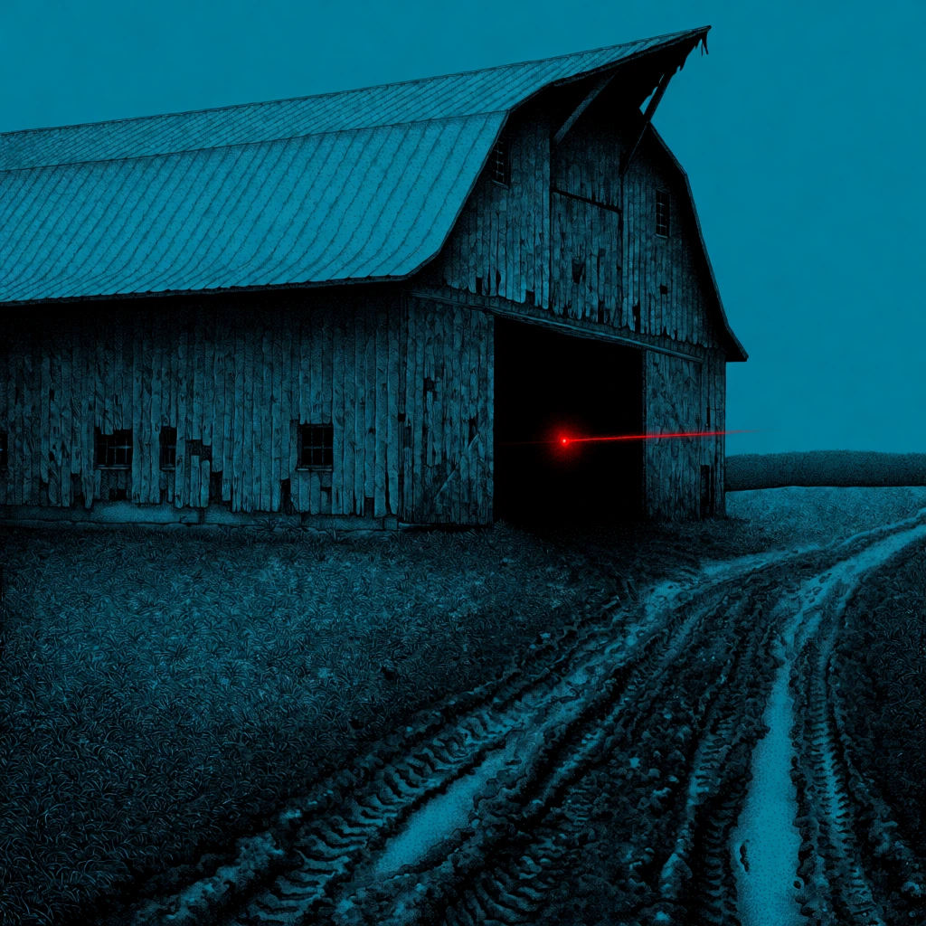 large wooden barn with a metal roof beside a muddy rutted dirt road rendered in deep cyan stippling and dense pointillism, dry grass and skeletal bare trees in the distance, a singular piercing horizontal red laser beam cutting through the barn from a glowing scarlet eye in a black void, high-contrast chiaroscuro with heavy ink-like shadows, vintage 1970s surrealist book cover aesthetic, gritty film grain, tactile stippled gradients, monochromatic blue palette, psychological atmosphere.