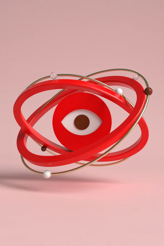 A 3D sculptural rendering features an abstract red eye suspended within concentric orbital rings on a pastel pink seamless background. At the center is a solid red disc containing a crisp white eye cutout and a dark brown pupil. Encircling this core are two thick, glossy red oval bands forming stylized eyelids or planetary orbits. Thin metallic gold rings intersect the red ovals, adorned with tiny spherical beads in matte brown, opaque white, and clear glass. The structure hovers above the matte pink floor, casting a diffuse drop shadow under soft studio lighting. Specular highlights gleam on the vibrant red plastic surfaces and gold accents, creating a minimalist composition that blends bold geometric surrealism with tactile, toy-like 3D materials.