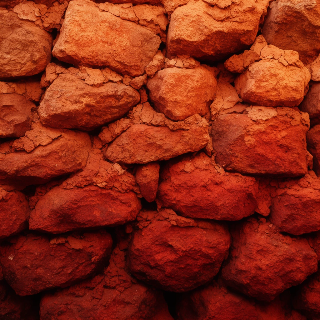 densely stacked rough stone wall, irregular jagged rocks bound by crumbling dried mud, deep terracotta and burnt sienna tones, porous textures with heavy shadowing in deep crevices, color gradient from dark rust red to lighter orange clay, warm diffused lighting, macro photography