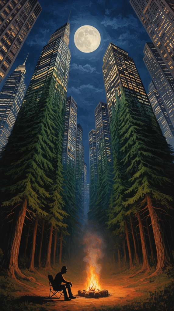 surreal optical illusion painting, towering pine trees seamlessly morphing into lit skyscrapers, silhouette of a man by a campfire, night sky with full moon, low angle perspective