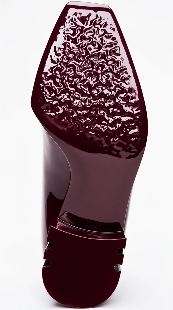 A macro photograph of a deep burgundy shoe sole isolated against a pure white background. The architectural silhouette features an angular toe section covered in a striking, liquid-like rippled texture that brilliantly reflects stark studio highlights. The midfoot narrows into a smooth, mirror-like curve, connecting to a flat, glossy heel block marked with semi-circular notches. High-contrast lighting emphasizes the rich oxblood tone and the bold interplay between the intricate wet-look forefoot and sleek, highly polished structural elements.