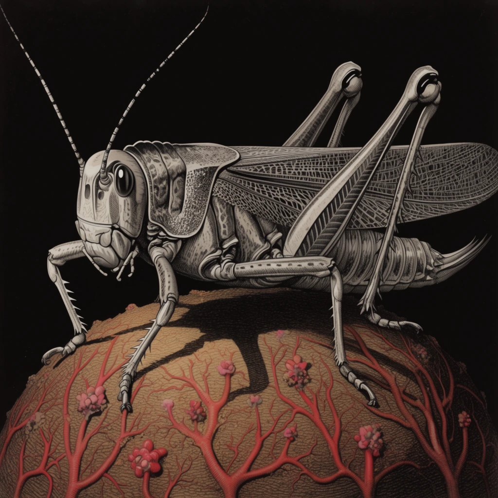 stylized illustration of a large grasshopper on a bulbous organic mass, detailed monochromatic grey insect body, intricate hatching and cross-hatching, long striped antennae, spiky segmented legs, armored thorax, solid black background, resting on a textured brownish sphere covered in raised red branching veins, small pinkish-red floral nodules, stark shadows, vintage etching style mixed with surreal biology, dramatic high contrast lighting