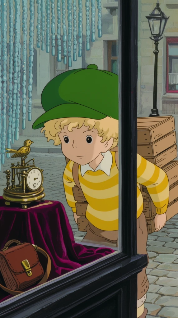 young boy with curly blonde hair wearing an oversized green cap and striped yellow sweater, carrying wooden crates, peering through a black-framed store window, window display features a brass clockwork bird on draped velvet and a leather satchel, light blue beaded curtains, cobblestone street and streetlamp background, traditional hand-drawn 2D animation, cel-shaded, pastel colors, medium shot