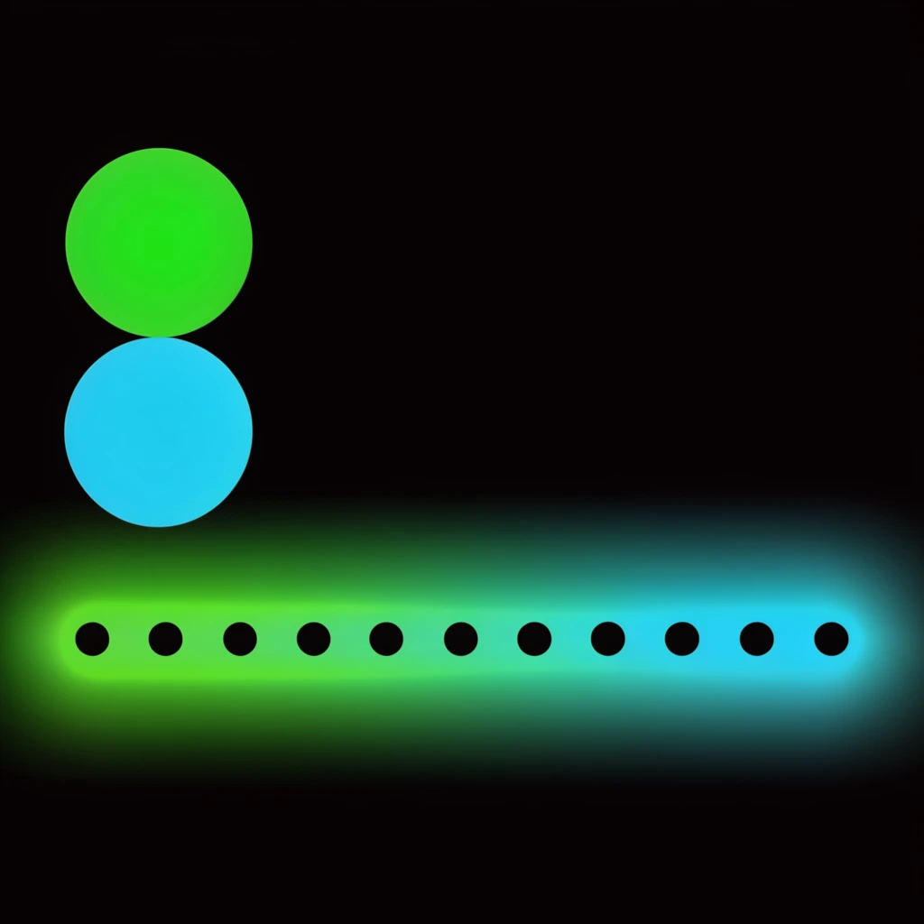 glowing horizontal gradient bar from neon green to cyan, evenly spaced black dots along the line, two solid glowing circles stacked on upper left, top green and bottom cyan, solid black background, minimalist abstract infographic, high contrast neon illumination, flat digital composition