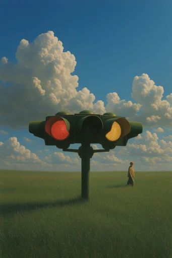 Oneiric Geometric Surrealism style reference image — absurdist composition
