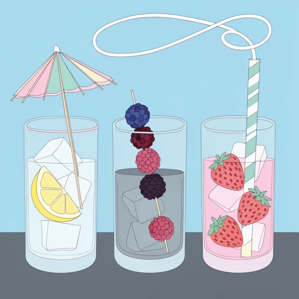 Three tall glasses with ice sit on a dark gray surface against a light blue background in a flat 2D digital illustration with thin outlines and pastel colors. The left glass features a lemon and pastel umbrella, the center holds gray liquid and skewered berries, and the right contains pink liquid, strawberries, and a striped straw extending into a looping white line across the top.
