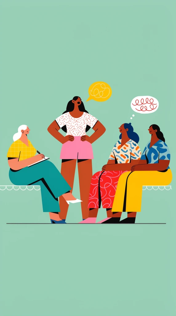 Four stylized women converse in a flat vector illustration against a solid mint green background. A central standing woman with hands on hips speaks, denoted by a yellow bubble containing abstract loops. She wears a white patterned top and pink shorts. To the left, a white-haired woman in a yellow checkered shirt and teal pants sits on a scalloped bench taking notes on a pad. To the right, two seated women in brightly patterned clothing listen closely, with a white thought bubble of red squiggles floating above them. The modern art style features exaggerated limb proportions, flat shading, minimal facial features, and bold geometric clothing patterns grounded by a single dark horizontal line.