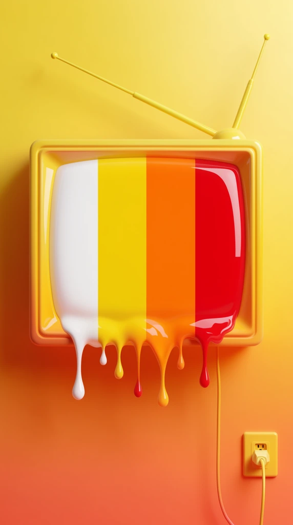 A minimalist 3D render of a stylized yellow television frame mounted on a smooth yellow-to-orange gradient wall. Inside the frame, vertical color bars in white, yellow, orange, and red are composed of glossy, viscous liquid that melts and drips heavily from the bottom edge. A single diagonal antenna extends from the top right of the frame. A thin cord drops from the frame's bottom right, plugging into a matching yellow wall outlet. The surreal, pop-art composition features high-gloss textures and soft studio lighting.