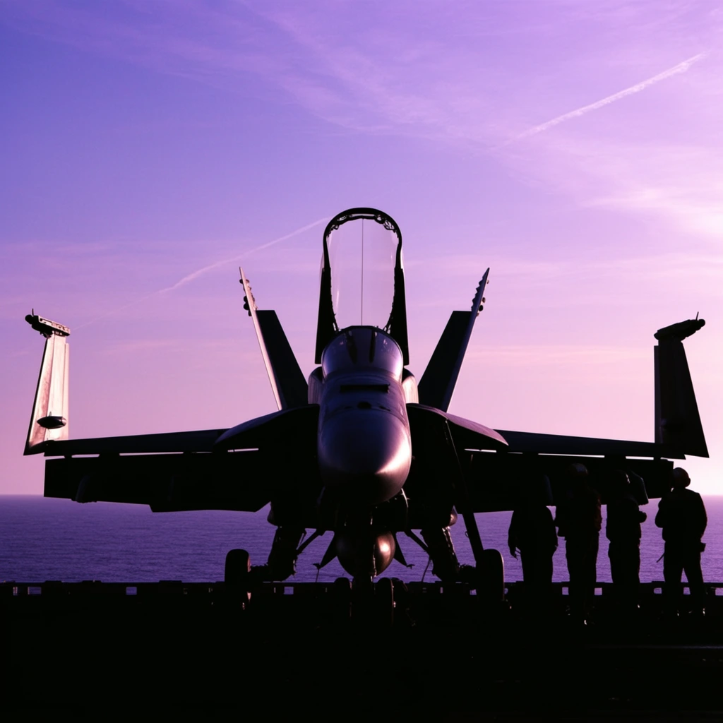A twin-engine fighter jet with an open canopy rests on a flight deck, starkly silhouetted against a luminous purple and lavender sky. The symmetrical aircraft faces forward, its wide wings, twin tail fins, and landing gear forming a dense black shape. Several crew members stand in deep shadow nearby, dwarfed by the imposing machinery. Behind them, a calm ocean creates a sharp horizontal line dividing the composition. The sky transitions from rich violet to pale pink, laced with a faint diagonal contrail. Strong backlighting defines the scene, reducing the subjects to striking, high-contrast silhouettes against the vibrant gradient background.