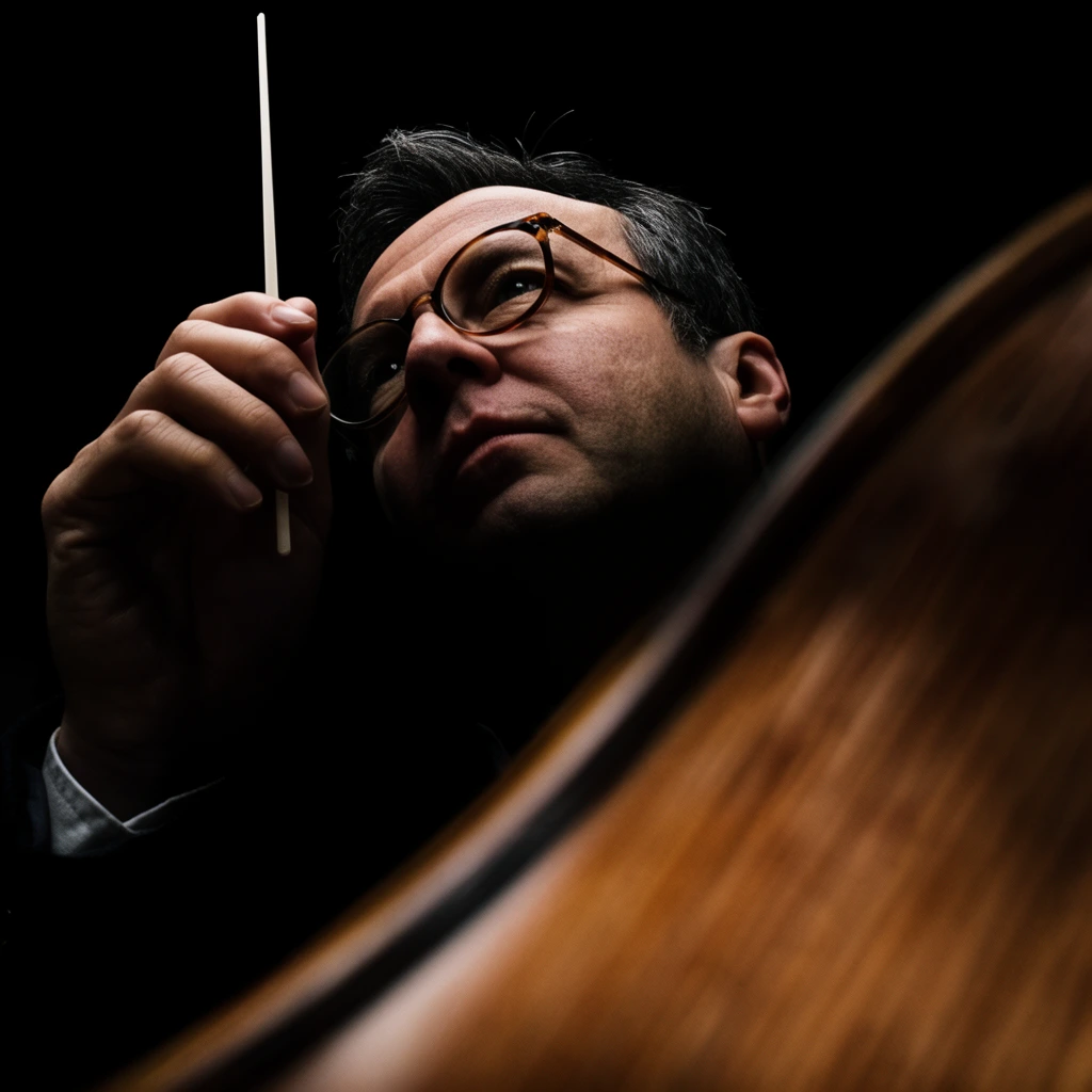 low angle portrait of a man wearing glasses, holding a thin white baton near his face, pitch black background, large out-of-focus sweeping wooden curve dominating the foreground, extreme chiaroscuro lighting, deep shadows, cinematic photography