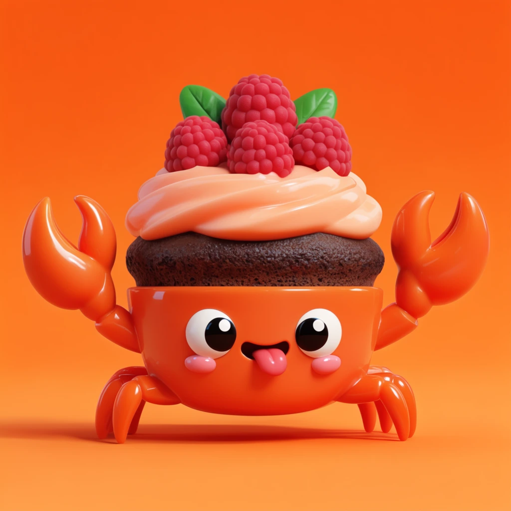 whimsical 3D crab-cupcake hybrid character, glossy orange plastic crab base with claws and short legs, expressive smiling face with small tongue, topped with dark cake and thick peach frosting, red raspberries, green leaves, solid vibrant orange background, soft ground shadow, vinyl designer toy aesthetic, smooth reflective surfaces, bright studio lighting
