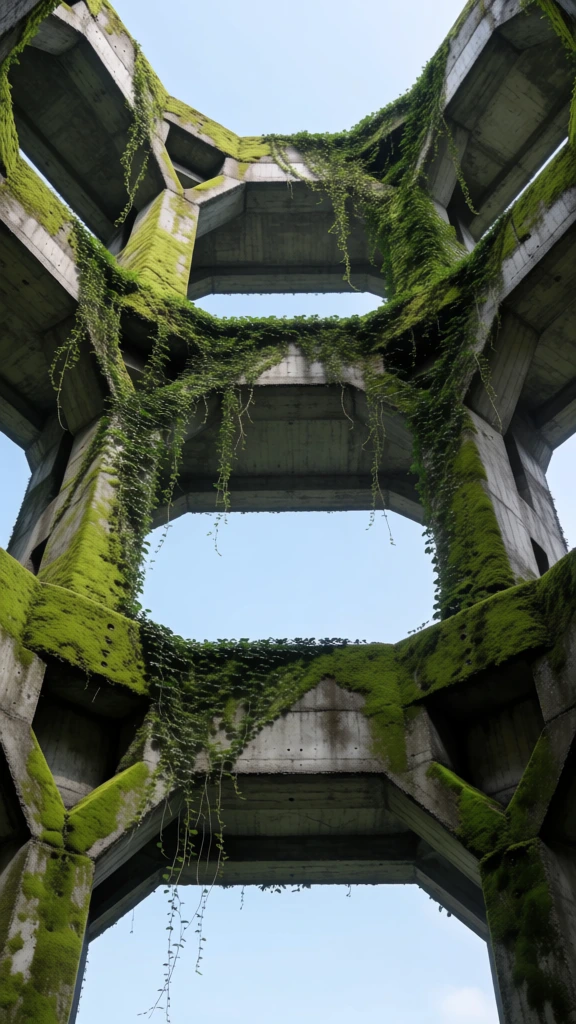 extreme low-angle worm's-eye perspective, massive octagonal concrete archways looming over the frame, thick lush green moss and sprawling ivy vines clinging to weathered gray stone, grainy 90s film aesthetic, desaturated lo-fi color palette, cool-toned daylight, sharp industrial edges meeting organic textures, brutalist architecture, clear pale blue sky visible through geometric openings, high contrast, nostalgic editorial photography style, gritty cinematic texture, wide-angle distortion