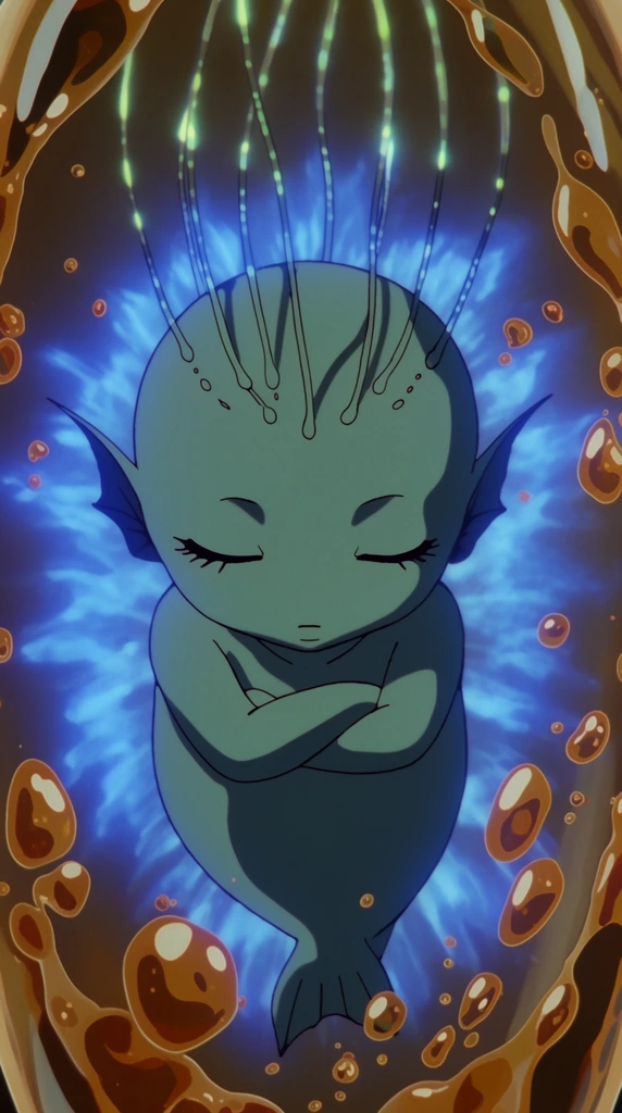 A small, stylized aquatic sprite with closed eyes and folded arms floats inside a fluid-filled chamber. Slender bioluminescent tendrils connect to the crown of its head. Irregular, warm amber droplets and bubbles drift in the foreground around the smooth creature. A radiant, pulsating bright blue energy aura emanates from behind the figure, creating intense color contrast. Rendered in a vintage 90s cel-shaded animation style featuring crisp line art, flat coloring, and dramatic lighting.