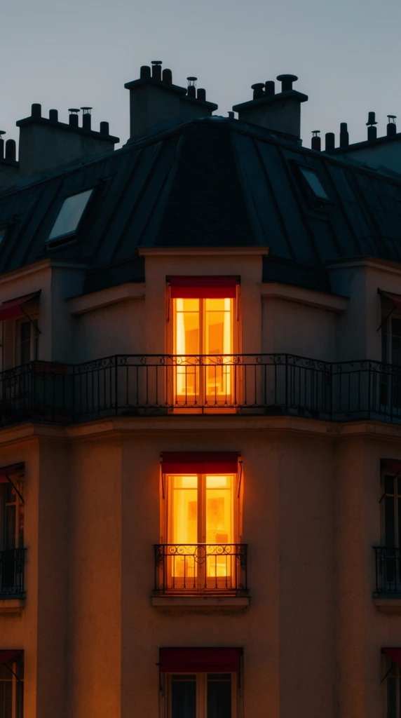 A twilight view of a classic European apartment building with a dark mansard roof and silhouetted chimneys against a soft blue-grey sky. Intense golden-orange light spills from two stacked pairs of French doors, illuminating wrought-iron balconies and small red awnings. The brilliant warm interior glow creates a striking cinematic contrast against the deeply shadowed, cool-toned stucco facade in this atmospheric architectural photograph.