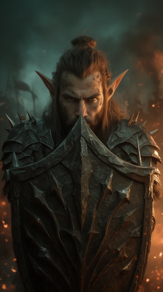 rugged male elven warrior peering over a jagged kite shield, heavy spiked armor, dark smoky battlefield, fiery embers, teal and orange cinematic lighting