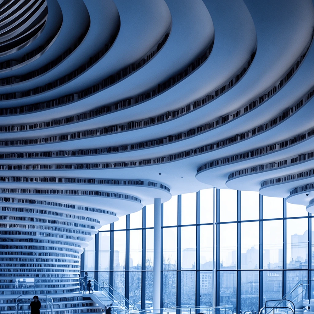 undulating white terraced library ceiling, sweeping wave-like architectural curves, recessed dark bookshelves forming contour lines, towering glass windows revealing distant cityscape, cool blue palette, tiny human figures for scale, wide-angle photography