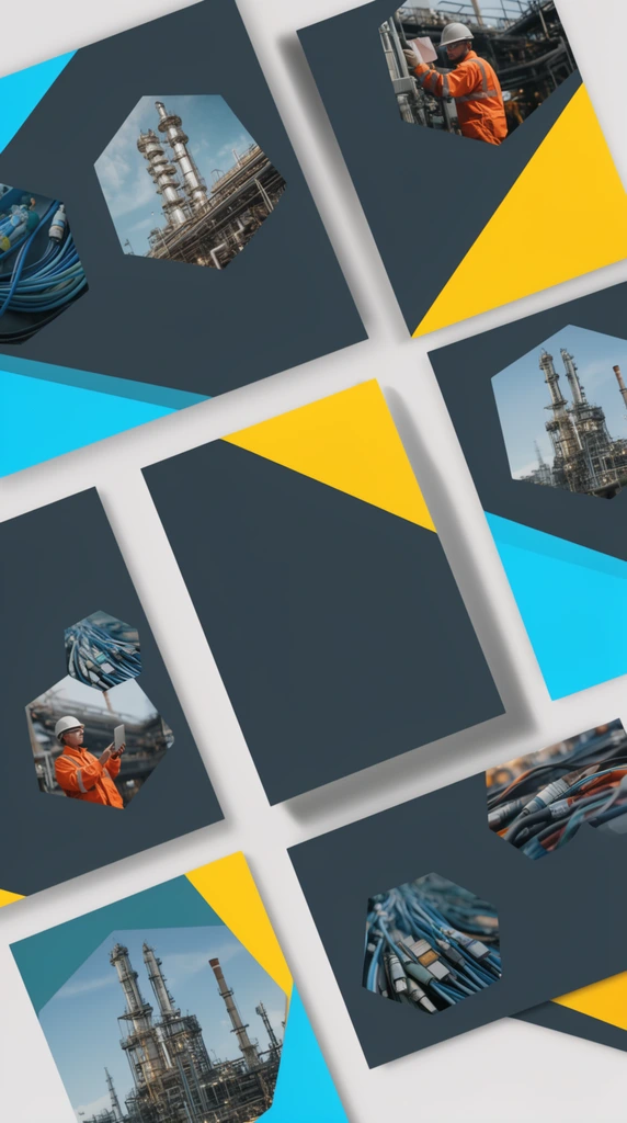 scattered corporate document mockup, angled overlapping pages with soft drop shadows, dark slate grey layouts, bright cyan and yellow diagonal color blocks, hexagonal photo frames, embedded photography of industrial refineries, worker in orange high-vis gear, network cables, top-down perspective
