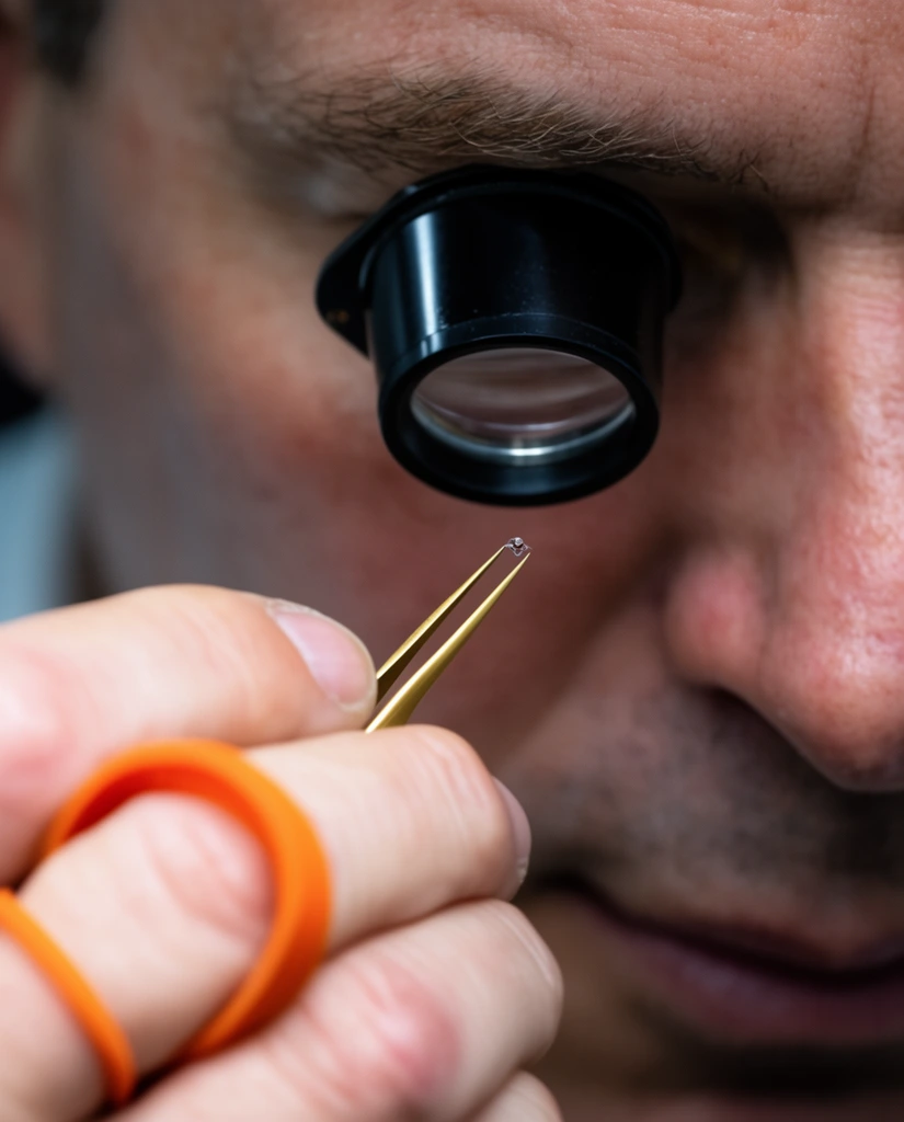 extreme close-up of a man's face, black jeweler's loupe over eye, gold tweezers holding a microscopic object, hand with an orange rubber ring, shallow depth of field, macro photography