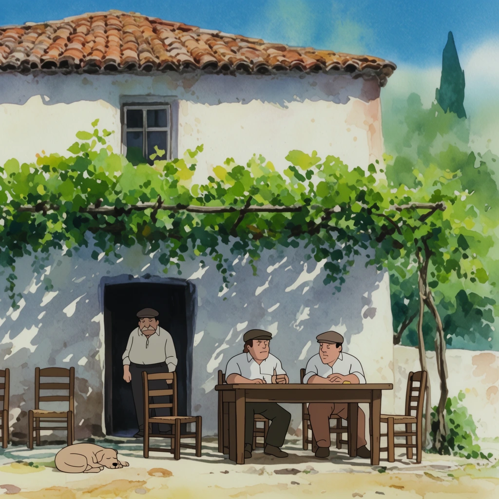 2D animation, white stucco building with terracotta roof, vine trellis casting dappled shadows, two men in flat caps at a wooden table, man in dark doorway, sleeping dog, wooden chairs, bright daylight, watercolor background, cel shading