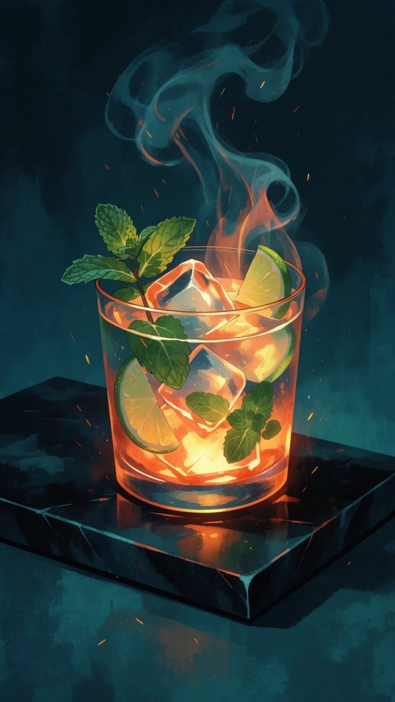 painterly digital illustration of a glass of faceted ice with fresh mint sprigs and translucent cut limes on a dark obsidian rectangular slab, centered incandescent void-like glow emanating from the liquid vessel, wispy ember-tinged smoke swirling upward against a deep midnight teal background, high-contrast chiaroscuro lighting with sharp orange rim highlights, glass and ice reflecting fiery sparks, ethereal atmosphere, soft-focus painterly textures, moody monochromatic teal and fire-orange pal
