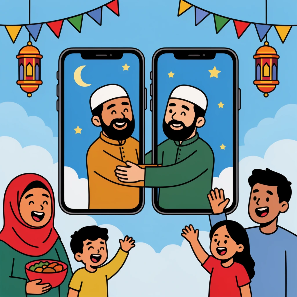flat vector cartoon illustration of a festive celebration, two central adjacent smartphone screens displaying two men in skullcaps embracing against a crescent moon sky, surrounded by a smiling woman in a red hijab holding a food bowl, a cheering boy, a man with raised hands, and a waving girl, top border decorated with colorful bunting flags and hanging ornate lanterns, light blue sky with fluffy white clouds, vibrant solid colors, thick black outlines