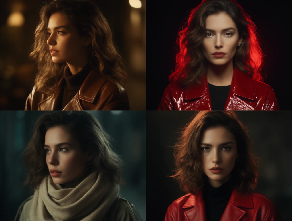 2x2 grid of cinematic female portraits, woman with wavy brown hair in four dramatic lighting setups, top left profile in brown leather jacket with warm light, top right facing forward in shiny red coat under red rim light, bottom left looking away in beige scarf with cool shadows, bottom right direct gaze in red leather jacket, dark backgrounds, shallow depth of field, photorealistic