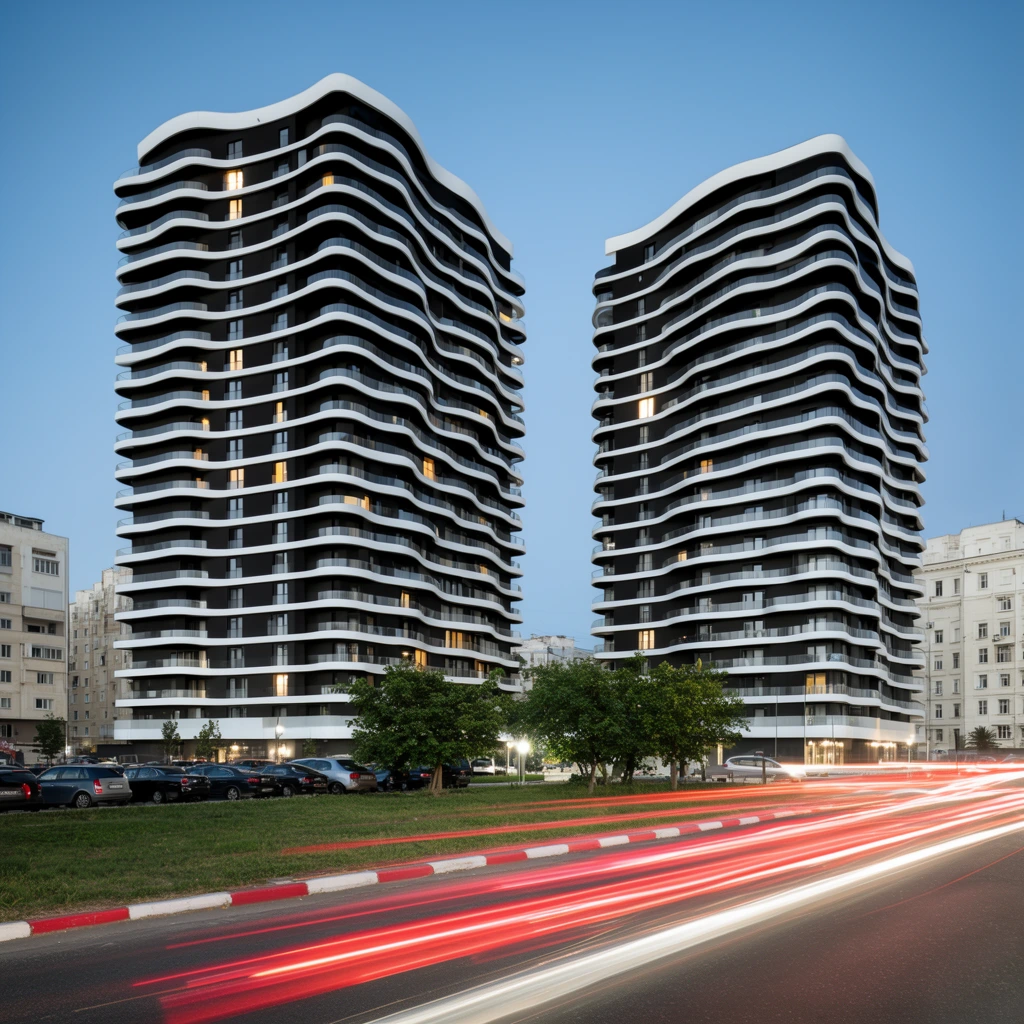 Two modern high-rise residential towers with striking black-and-white wavy facades stand illuminated against a dusk sky behind a street with vibrant long-exposure light trails. The twin buildings showcase dark exteriors wrapped in continuous thick white bands forming undulating balconies with transparent railings. Warm artificial light glows from several interior rooms, contrasting with the cool blue evening sky. At the base, green trees and a parking lot filled with cars sit behind a grassy median bordered by red and white painted curbs. The foreground road features dynamic, sweeping streaks of bright red and white vehicular lights captured through a long exposure. Older pale multi-story buildings frame the edges of this sharp wide-angle architectural photograph.