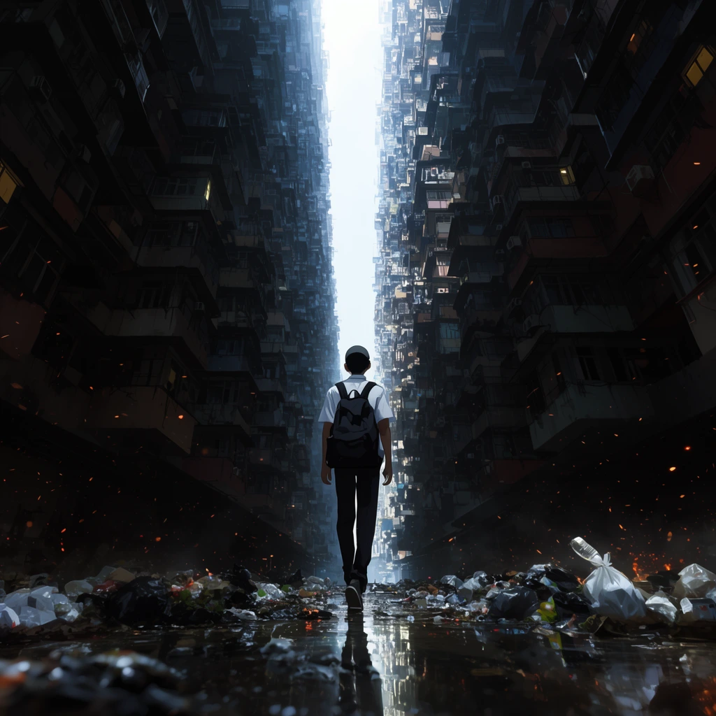 A student walks down a claustrophobic, towering futuristic alleyway canyon formed by infinitely stacked apartment walls. A bright vertical sliver of sky pierces the gloom. Garbage, reflective puddles, and drifting embers fill the dark foreground of this high-contrast, low-angle digital illustration.